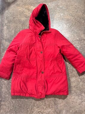 Vintage 80s 90s Utex Design Red Down Puffer Parka Coat Faux Fur Hood Size M